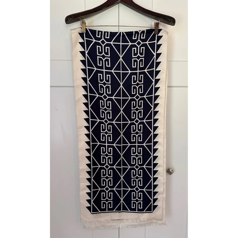 Charles Jourdan Paris Vintage Silk Scarf Navy Blue Cream Greek Key Geometric